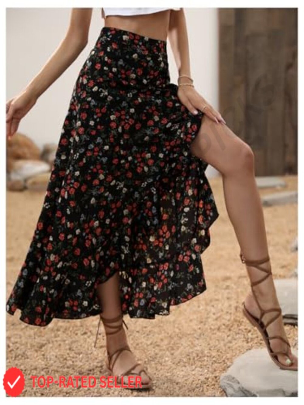 Boho Floral Maxi Skirt High Waisted Ruffle Split Thigh Elegant Chic - Picture 3 of 6